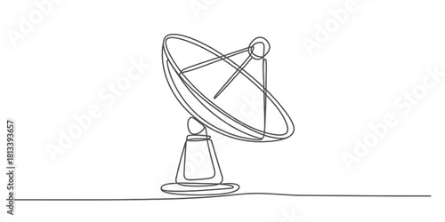 Continuous one line drawing of a satellite dish antenna for global broadcasting, communication technology signal reception icon.