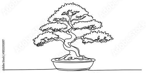 Elegant continuous single line drawing of a traditional japanese bonsai tree in a ceramic pot, symbolizing harmony, balance, and patience