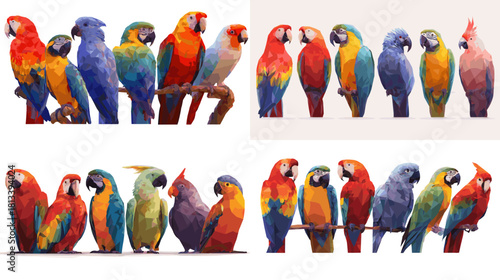 A vibrant low poly illustration set of colorful parrots in various poses. Perfect for tropical themes, bird artwork, wildlife designs, educational materials, and modern geometric visuals.
