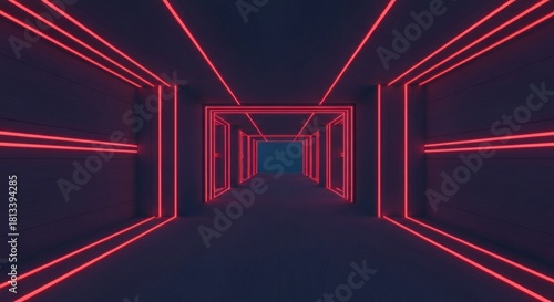 Fototapeta Naklejka Na Ścianę i Meble -  Dark futuristic tunnel with glowing red neon lines creating a striking, infinite perspective