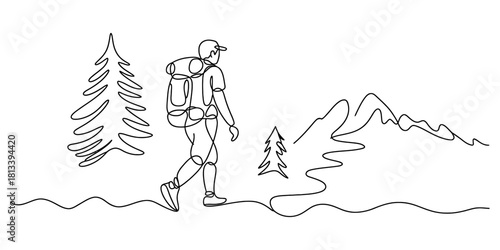 Continuous line art drawing of a lone male hiker with a backpack walking through a serene mountainous landscape with pine trees.