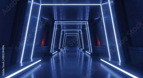 Fototapeta Naklejka Na Ścianę i Meble -  Dark, futuristic sci-fi tunnel glowing with vibrant blue neon lights and reflections