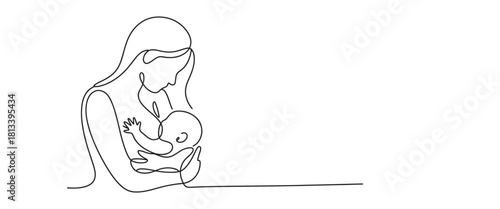 Continuous line drawing of mother breastfeeding her baby simple vector illustration for motherhood and childcare concepts isolated on white