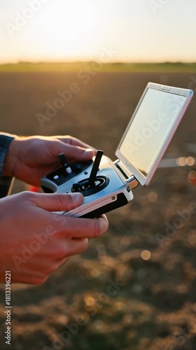 A person holds a drone controller, screen open, on a field at sunset, hands close up