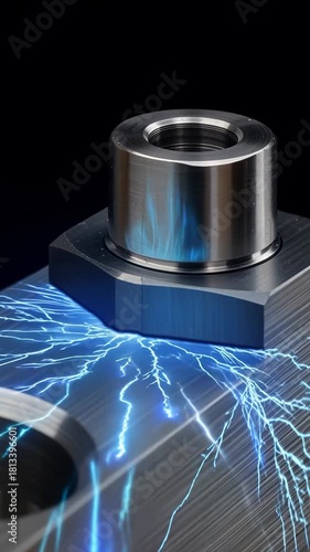 Close-up of metallic components with glowing blue electric-like streaks against a black backdrop