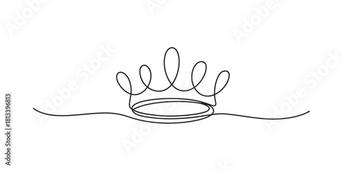 Continuous line drawing of a minimalist crown symbol, elegant simple black sketch icon representing royalty, leadership, and power.