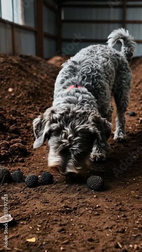 A dog sniffs the ground, searching for truffles in a rustic barn setting
