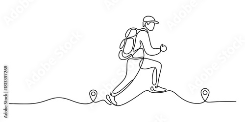 Continuous line art drawing of a hiker with a backpack and cap walking along a path with map pins, symbolizing journey, adventure, and exploration.