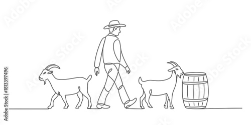 Continuous line art of a person in a hat walking with two goats and a wooden barrel, a minimalist illustration of traditional farm life.
