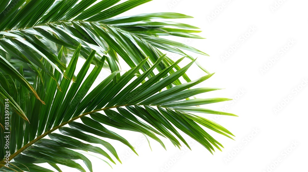 Fototapeta premium Green tropical palm leaves isolated on white background, exotic jungle foliage border, summer design element and natural botanical composition