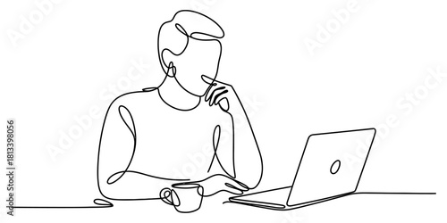 Continuous line drawing of a person focused on a laptop with a coffee cup, hand on chin in thought, representing remote work, study, and ideas.