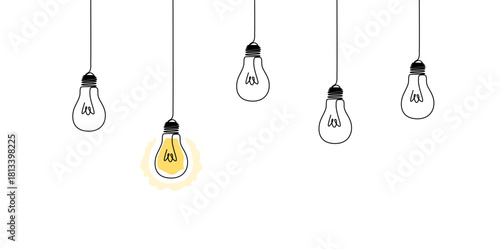 One continuous line drawing of hanging light bulbs with one shining. Concept of creative idea.Vector illustration eps 10