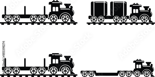 wagon and locomotive icon set.locomotive and wagon line icon collection. train, repair train and railway freight cars.container train icon sign vector. Black wagon and locomotive.