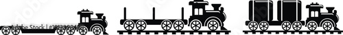 wagon and locomotive icon set.locomotive and wagon line icon collection. train, repair train and railway freight cars.container train icon sign vector. Black wagon and locomotive.