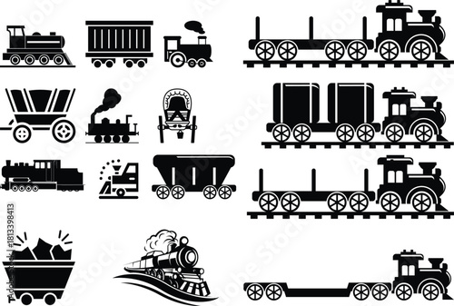 wagon and locomotive icon set.locomotive and wagon line icon collection. train, repair train and railway freight cars.container train icon sign vector. Black wagon and locomotive.