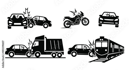 Various transportation accidents depicted in black and white vector illustrations
