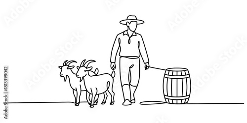 Farmer with hat and two goats walks next to a wooden barrel, single continuous line art drawing of a rural scene, farm life