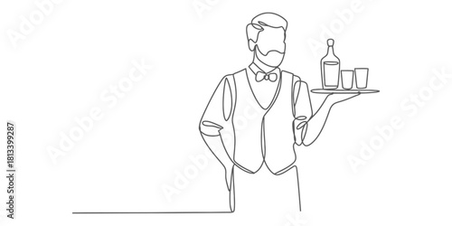 One continuous line drawing of professional waiter wearing uniform holding a tray with a bottle and two glasses, minimalist style