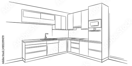 Modern kitchen interior design architectural line drawing with built-in appliances, sink, and cabinetry, a minimalist blueprint concept