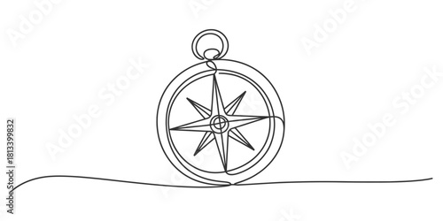 Continuous one line drawing compass with wind rose illustration, simple minimalist navigation symbol, journey, travel, adventure concept artwork.