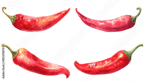 A spicy collection of red chili pepper illustrations in vibrant watercolor style. Bold food artwork ideal for culinary designs, packaging, recipes and hot seasoning themed graphics.