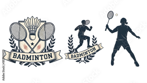 A collection of vintage badminton emblems and player silhouettes for sports design, featuring crossed rackets, shuttlecocks, and athletic figures in action