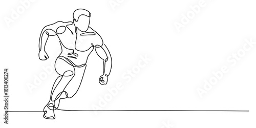 Single continuous line art drawing of a powerful athletic man running with dynamic energy, showcasing speed, fitness, and an active lifestyle.