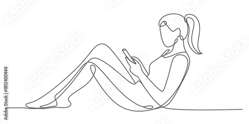 Continuous line drawing of a young woman sitting comfortably and interacting with a mobile phone, depicting modern digital communication and connectivity.