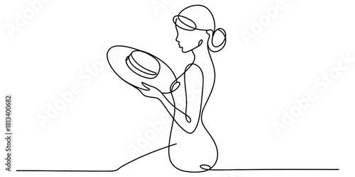 Continuous line drawing of elegant woman holding a wide-brimmed hat in profile, showcasing minimalist beauty and refined style illustration