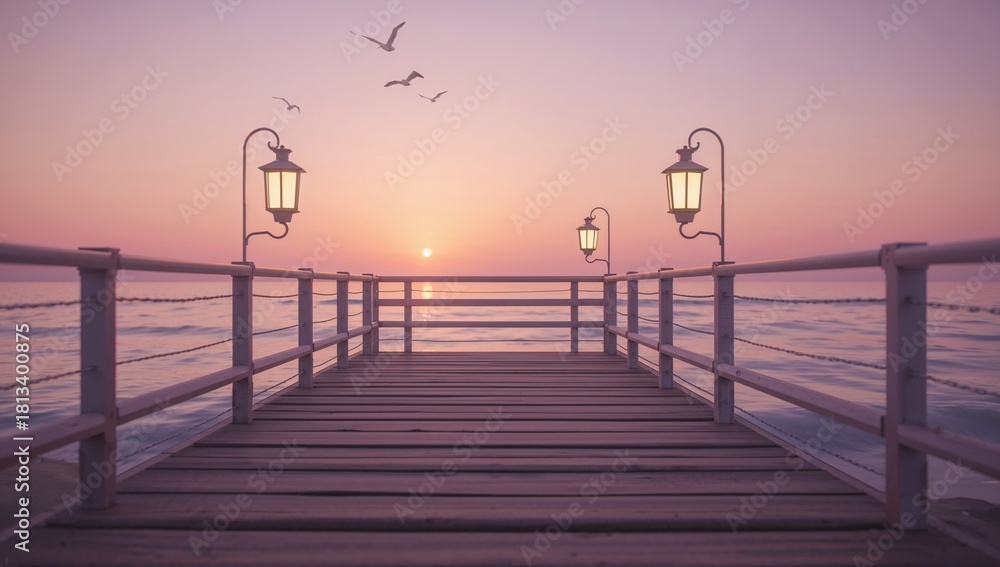 Fototapeta premium Serene Sunset over Calm Ocean with Lanterns on Wooden Pier