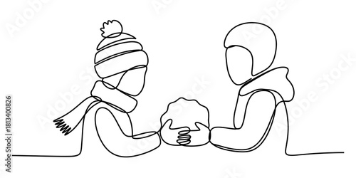 Continuous line art illustration of two faceless children in warm winter clothes holding a snowball, symbolizing winter fun and togetherness on white background