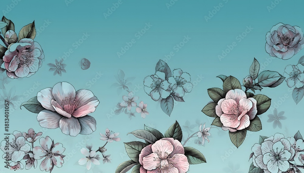Fototapeta premium Delicate Floral Pattern with Soft Pastel Colors on a Teal Background