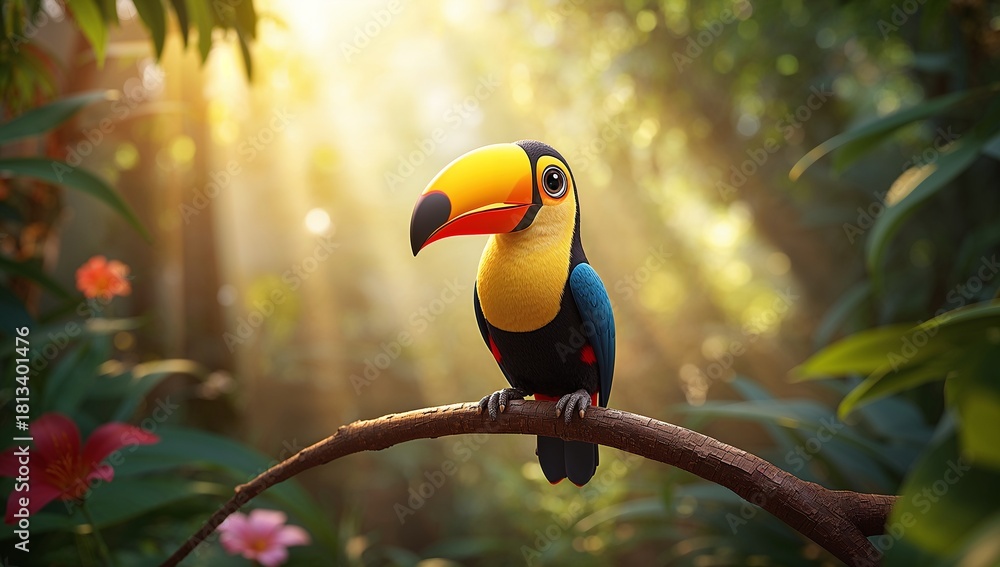 Naklejka premium Colorful Cartoon Toucan Perched on Branch in Lush Jungle Setting