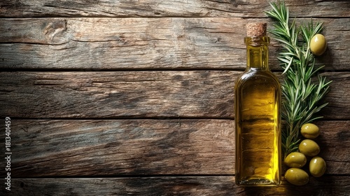 Glass bottle of golden oil with cork, green olives, rosemary sprig on rustic wood