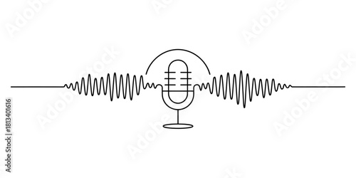 Microphone with emanating sound waves, an audio recording and podcasting concept, symbolizing communication, broadcasting, voice, and digital media.