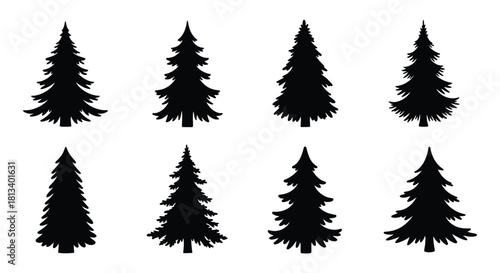 A collection of simple black silhouette evergreen tree shapes isolated on white