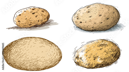 A set of hand drawn potato illustrations in textured sketch style. Rustic vegetable artwork perfect for food packaging, farm themes, culinary graphics and organic product design.