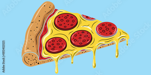 Cartoon slice of pepperoni pizza, melted cheese, tasty snack, fast food, delicious crust, tomato sauce, cheesy topping, flat vector illustration