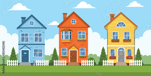 Colorful cartoon suburban houses, residential neighborhood, picket fences, cozy homes, evergreen trees, cheerful sky, family living, flat vector illustration