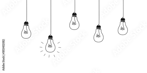 One continuous line drawing of hanging light bulbs. Concept of creative idea.Vector illustration eps 10