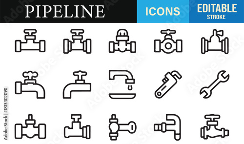Minimal line art pipeline icons featuring valves, taps, connectors, and plumbing components