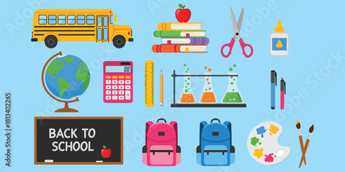 Back to school, school supplies, education icons, classroom tools, science items, art materials, learning essentials