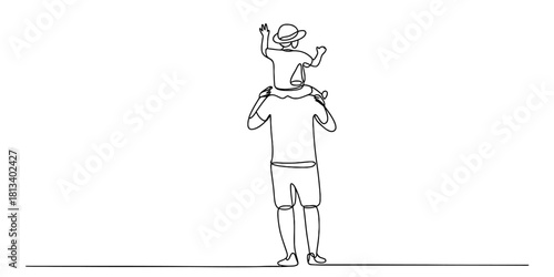 Continuous line drawing of a father giving his child a piggyback ride on shoulders, child waving, symbolizing family love, joy, and support.