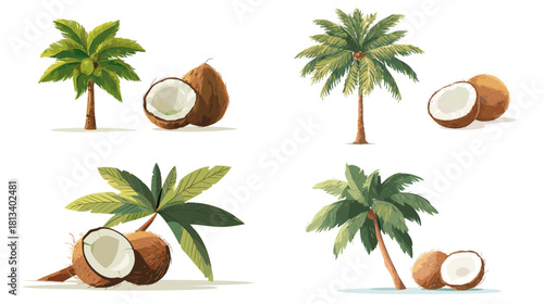 A tropical collection of coconut trees and coconuts in fresh natural style. Lush palm illustrations ideal for summer themes, beach designs, food graphics and tropical branding.