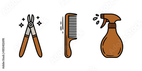Set of grooming icons including nail clippers comb and spray bottle simple vector design element for beauty and personal care concepts isolated on white background