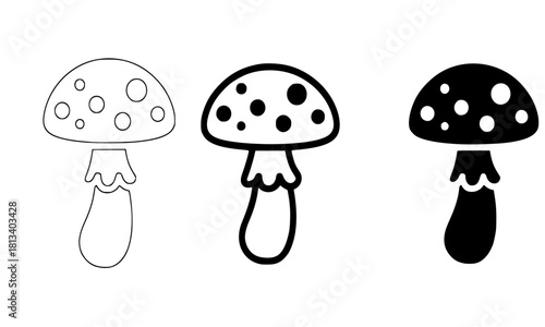 Fly Agaric Mushroom Icon Set, Black and White Outline and Silhouette, Amanita Muscaria, Nature, Fungi, Poisonous