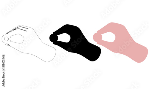 Hand Pinch Grip Holding Small Object Icon Set, Outline, Silhouette, and Color, Measurement, Precision, Smallness, Vector