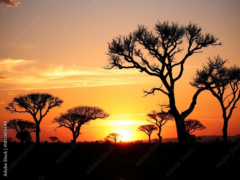 Fototapeta premium Silhouettes of acacia trees against a blazing African sunset, a symphony of color, trees, dusk