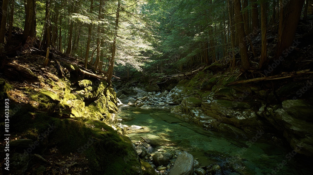 Obraz premium confluence. Two forest streams merging into a single river, blending water currents, mossy rocks, dappled sunlight through trees. ESG reports.
