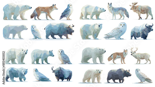 A watercolor collection of arctic and wildlife animals including polar bears, wolves, owls, bison and reindeer. Soft geometric textures create calm nature themed illustrations.